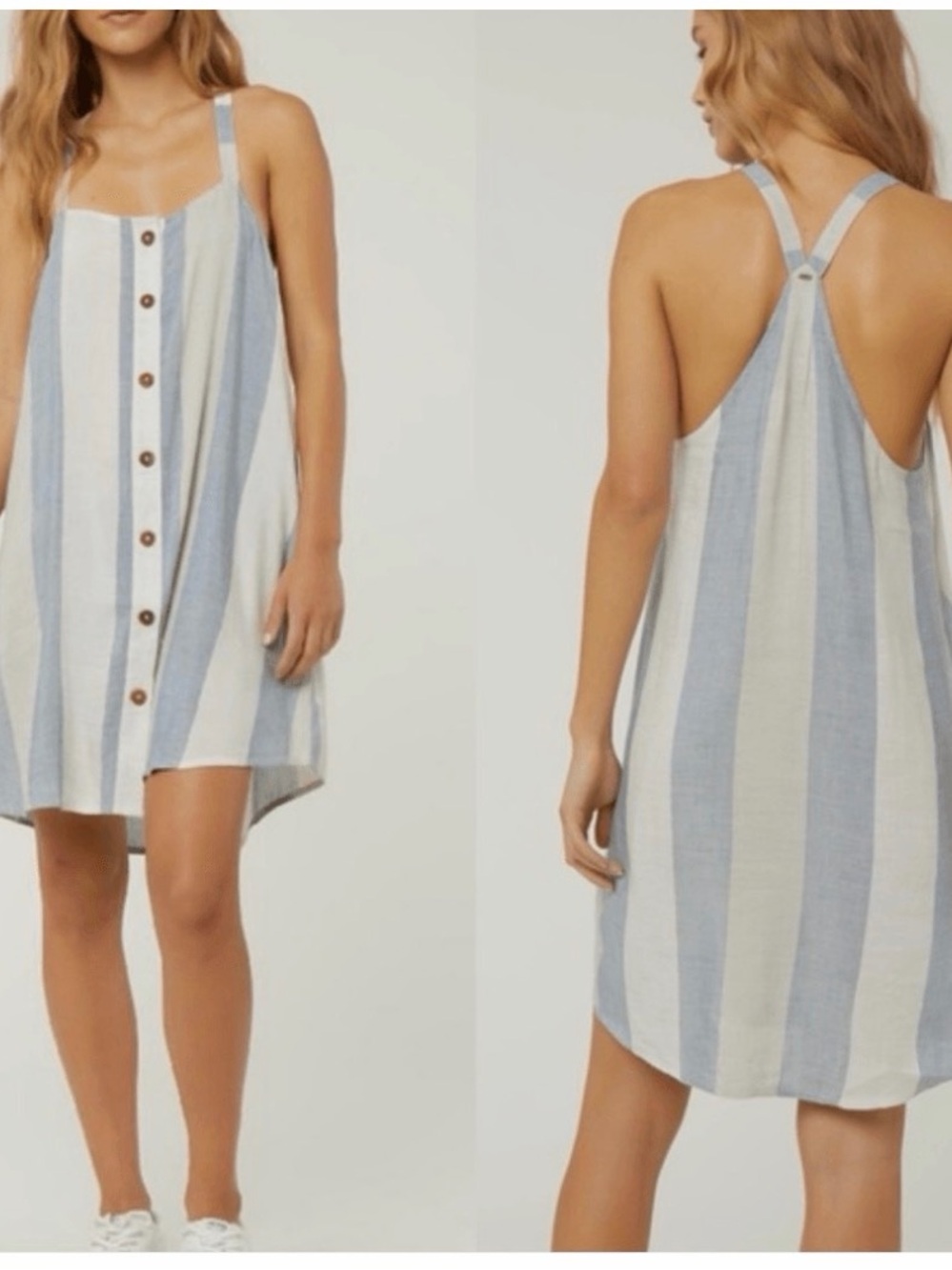 O'Neill Blue and Cream Striped Button-Front Halter Dress